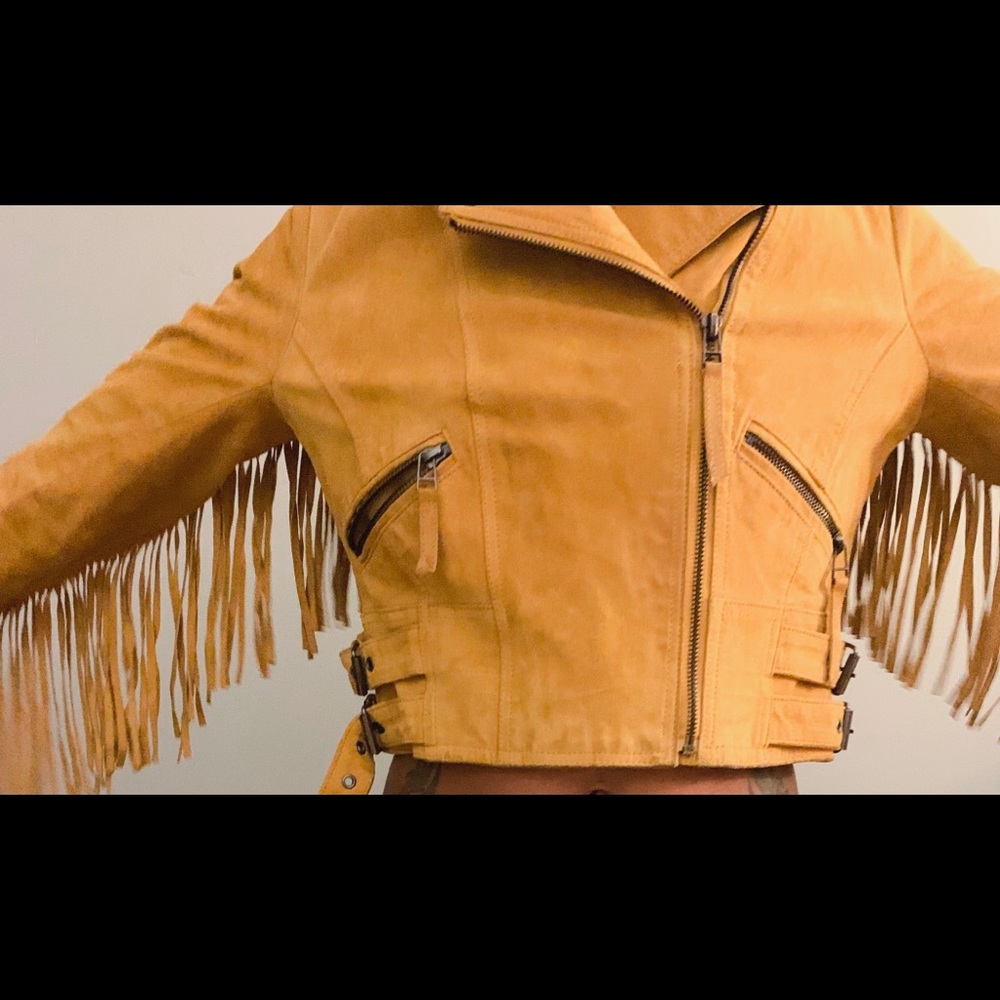 Sued mustard yellow fringe crop jacket